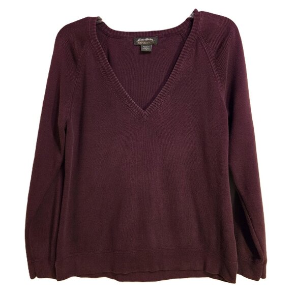 Eddie Bauer 100% Cotton V-Neck Pullover Knit Sweater Deep Burgundy / Plum - Picture 1 of 3